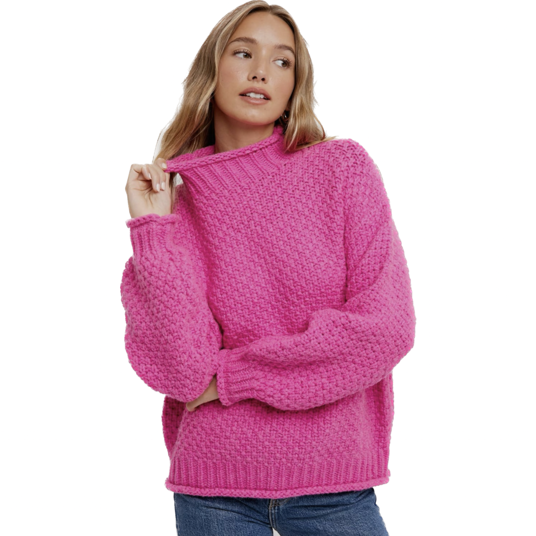 Hot Pink Chunky Waffle Mock Neck Pullover