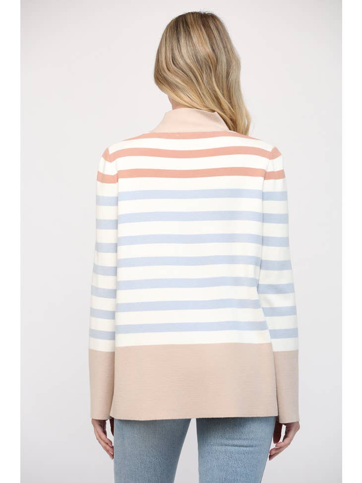 Stripe Mock Neck Bell Slv Tunic Sweater