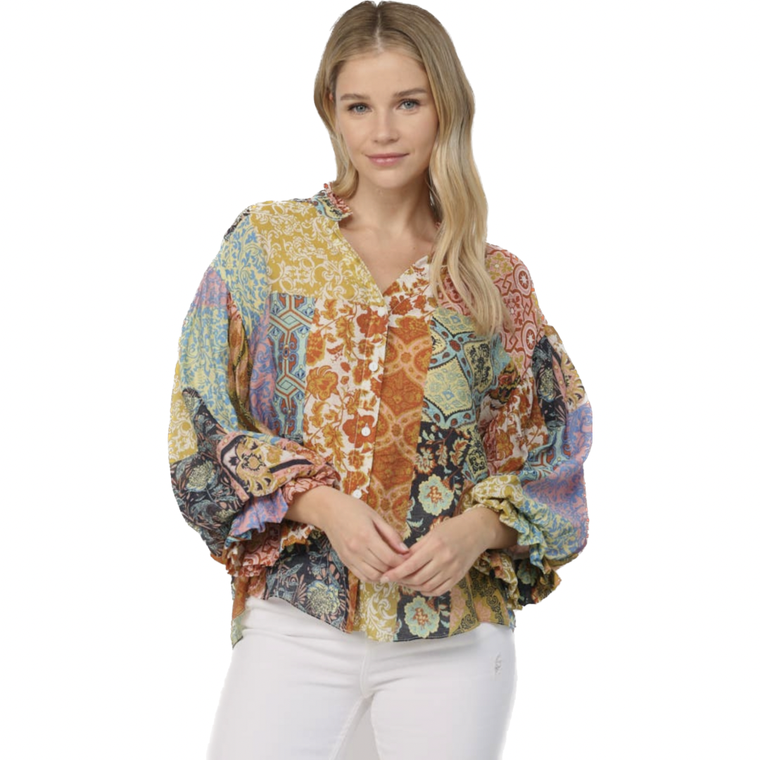 Patchwork Print Bubble Sleeve Blouse