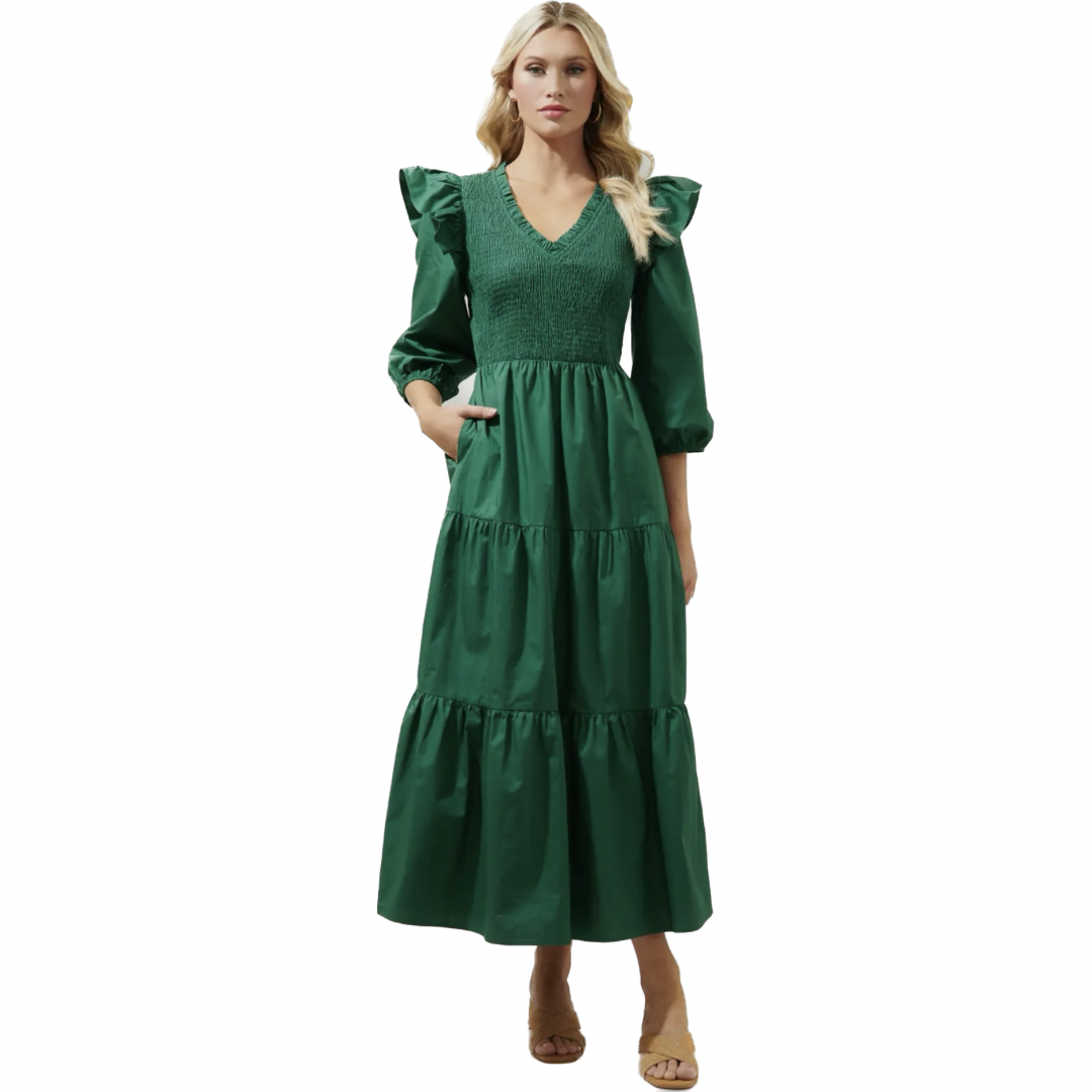 Emerald Smocked Poplin Maxi Dress