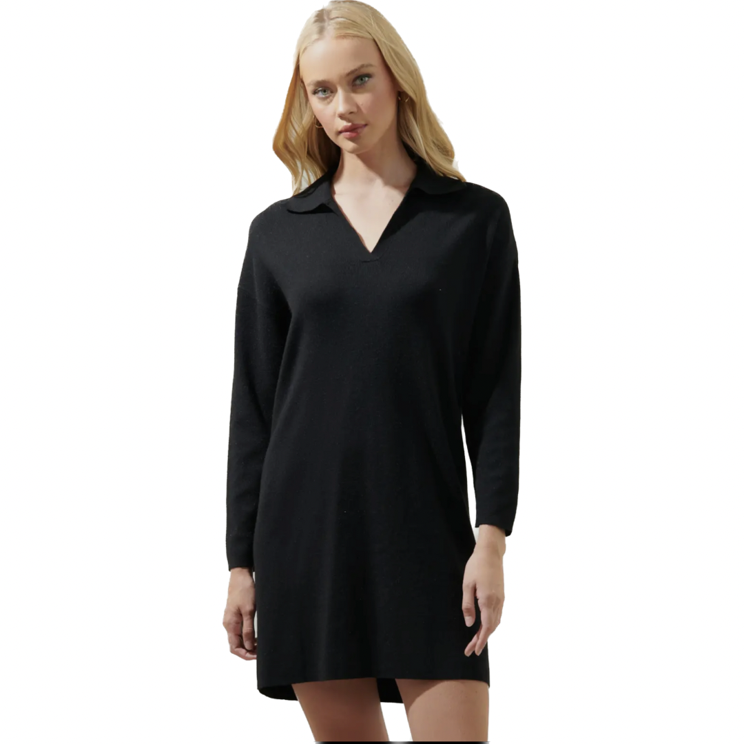 Black Relaxed Collar Sweater Dress
