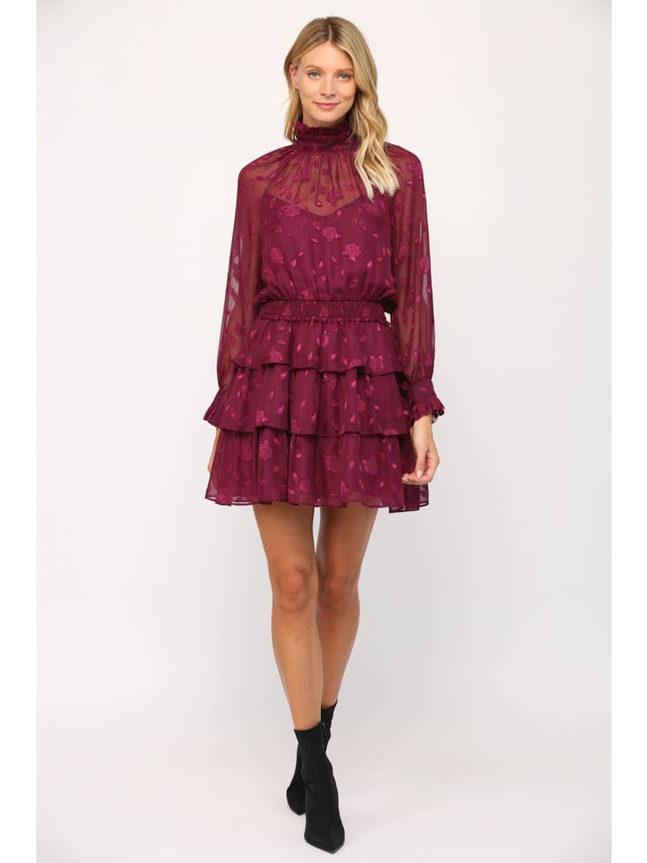 Floral Sheer Chiffon High Neck Ruffle Dress