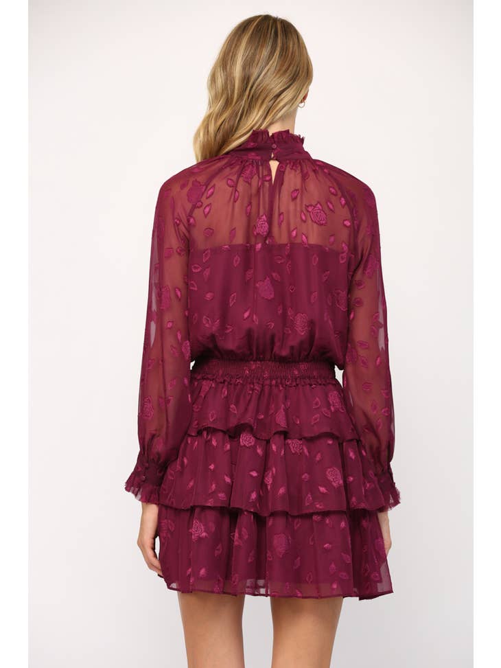 Floral Sheer Chiffon High Neck Ruffle Dress