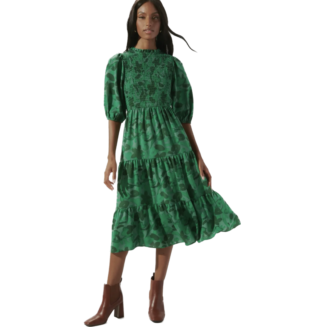 Emerald Floral Smocked Midi Dress