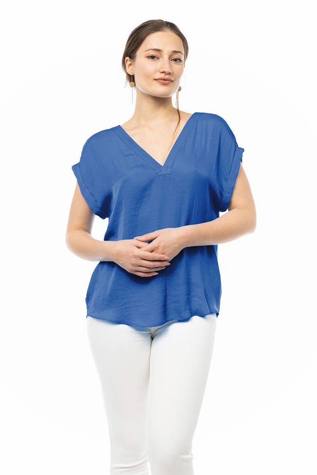 Deep Cobalt Short Sleeve V Neck Drop Sleeve Tee