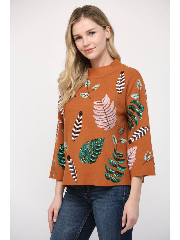 Sequin Embellished Mock Neck Sweater