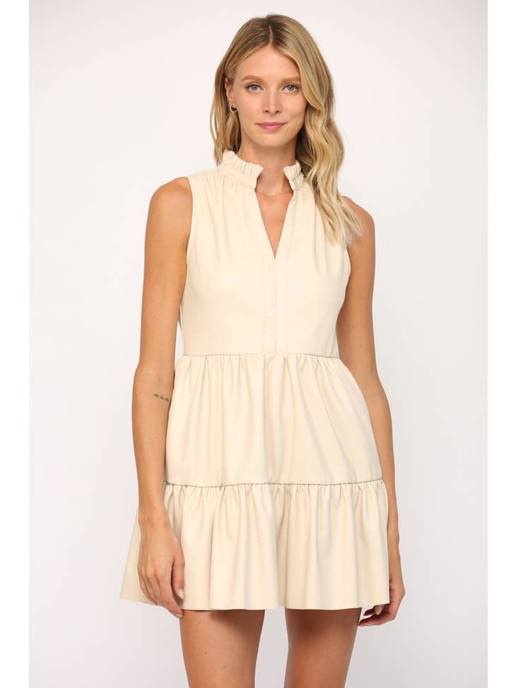 Faux Leather Sleeveless Ruffle Dress