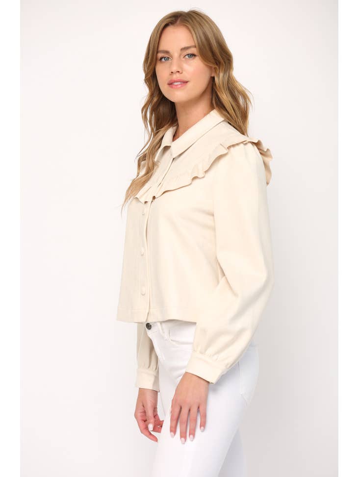 Ecru Ruffled Trim Yoke Faux Suede Jacket