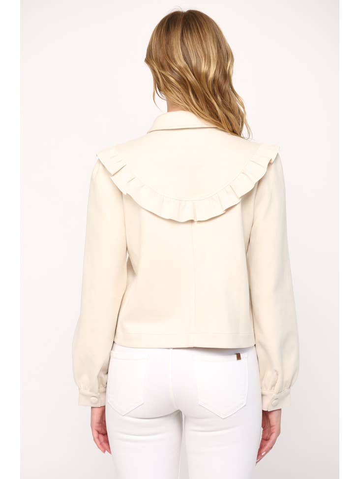 Ecru Ruffled Trim Yoke Faux Suede Jacket