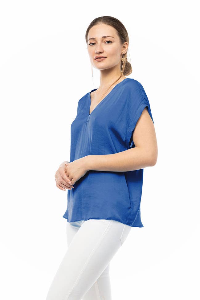 Deep Cobalt Short Sleeve V Neck Drop Sleeve Tee