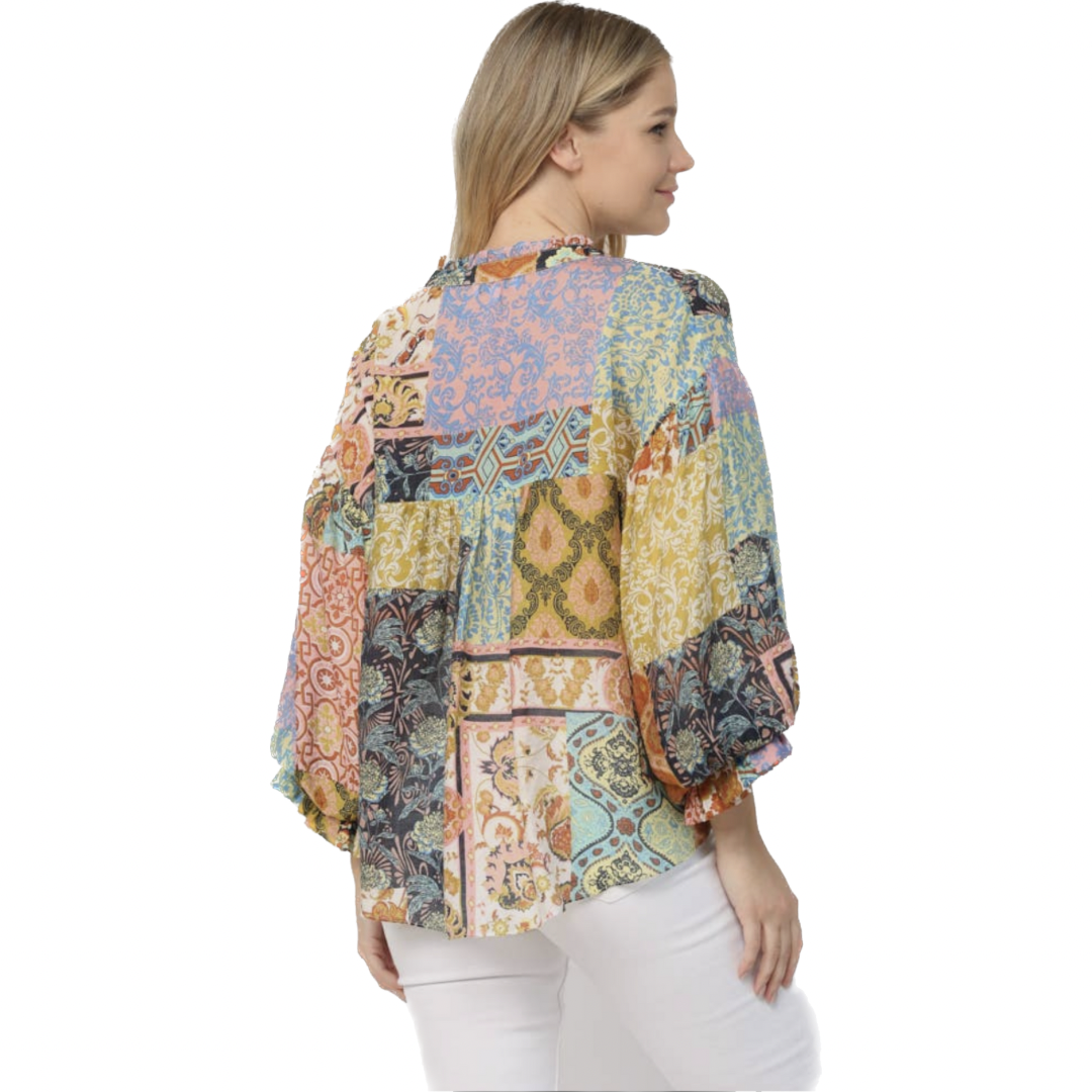 Patchwork Print Bubble Sleeve Blouse