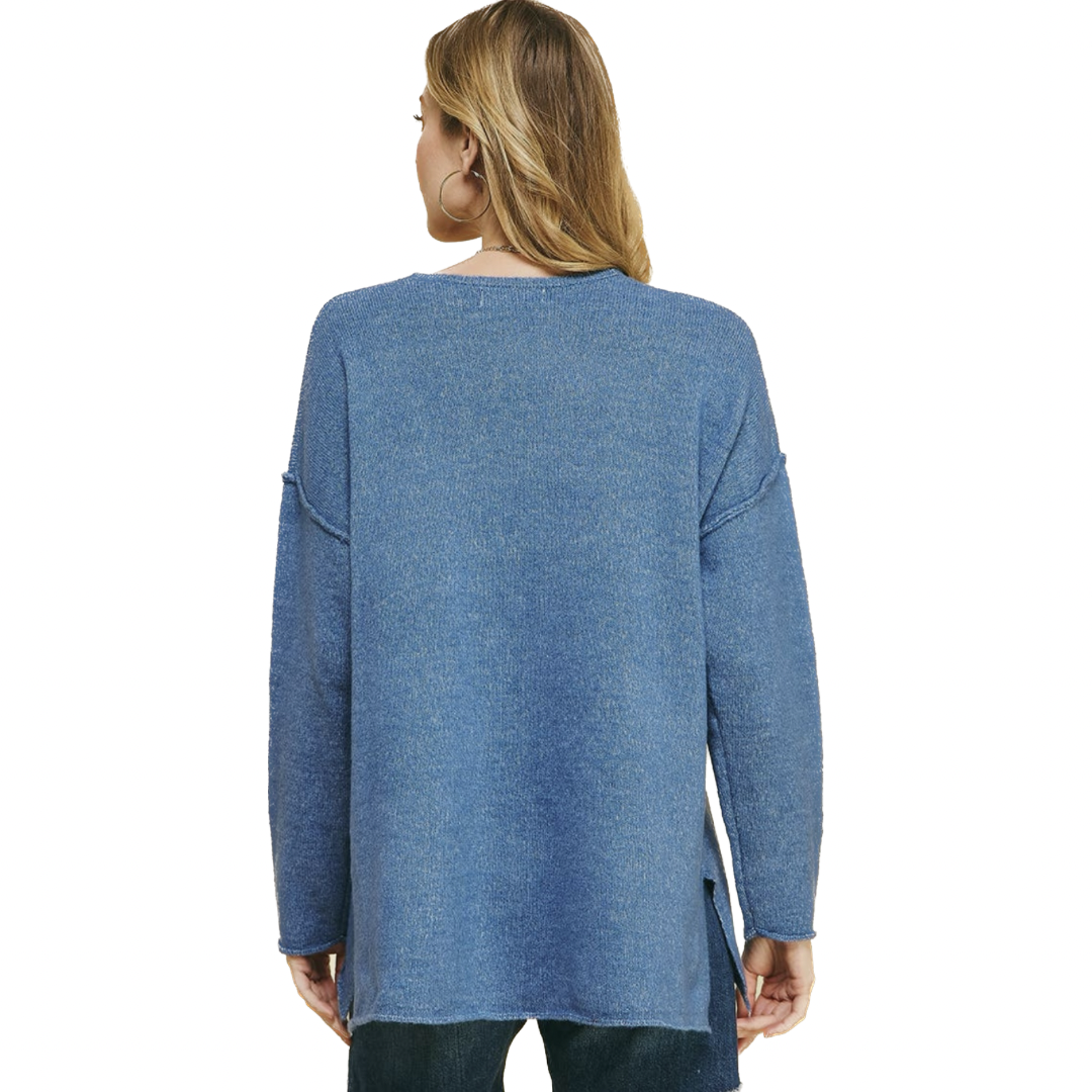 Denim Blue Soft V Neck Knit Sweater