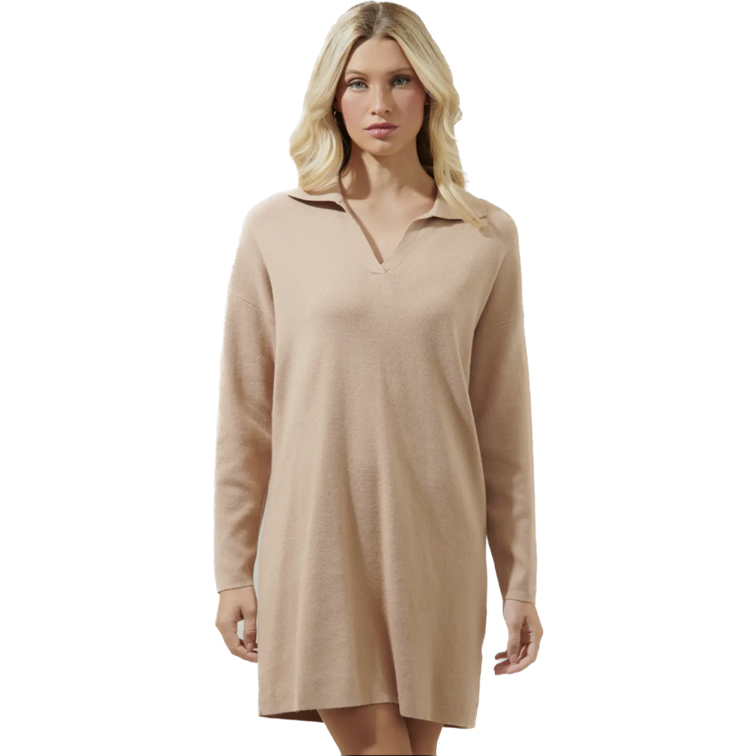 Tan Relaxed Collar Sweater Dress