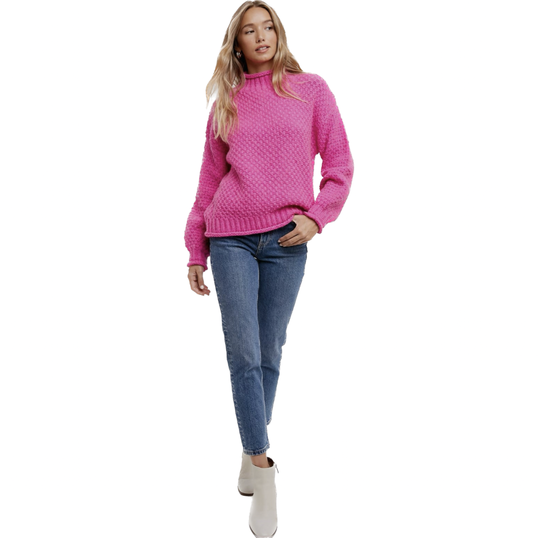 Hot Pink Chunky Waffle Mock Neck Pullover