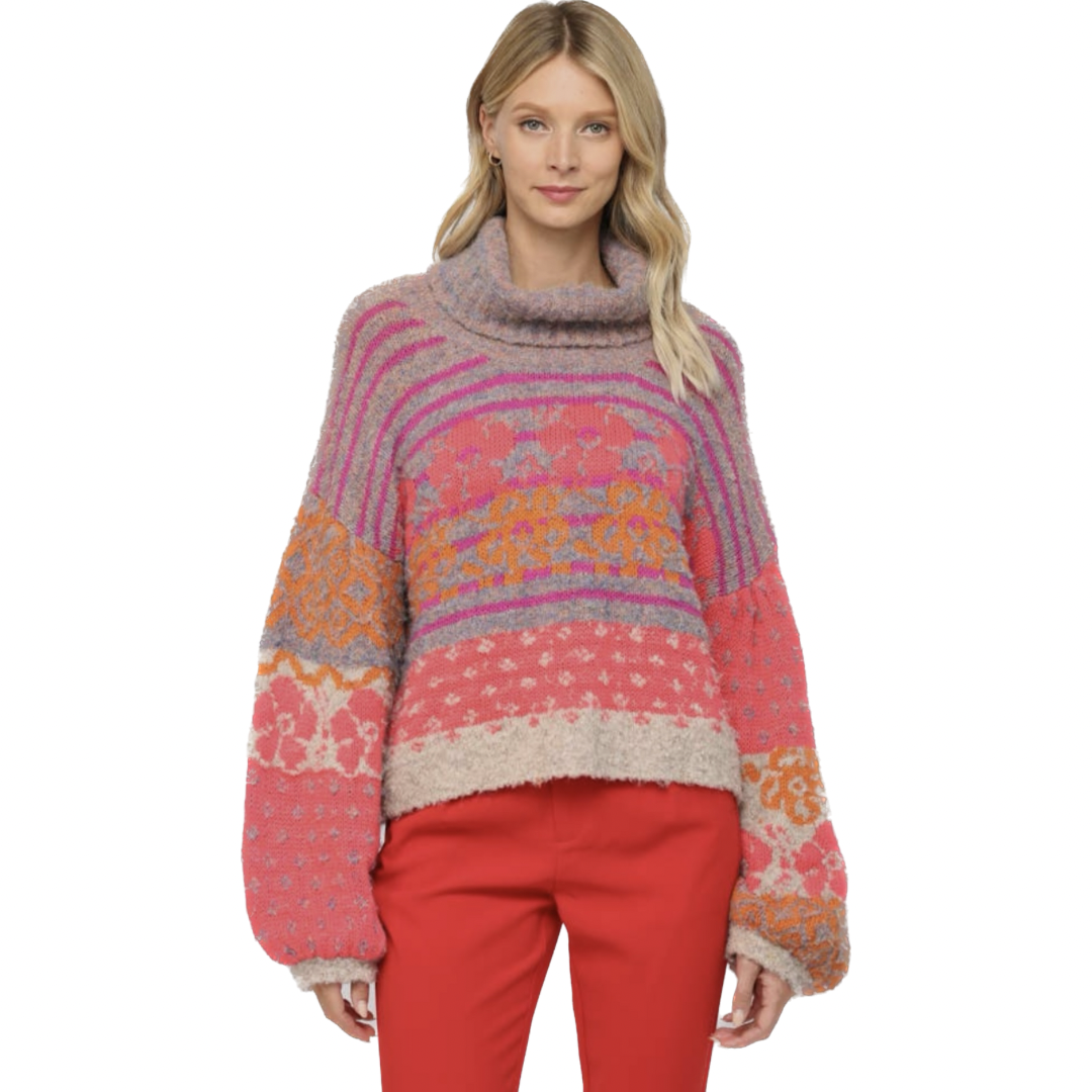 Floral Pattern Turtle Neck Fuzzy Sweater