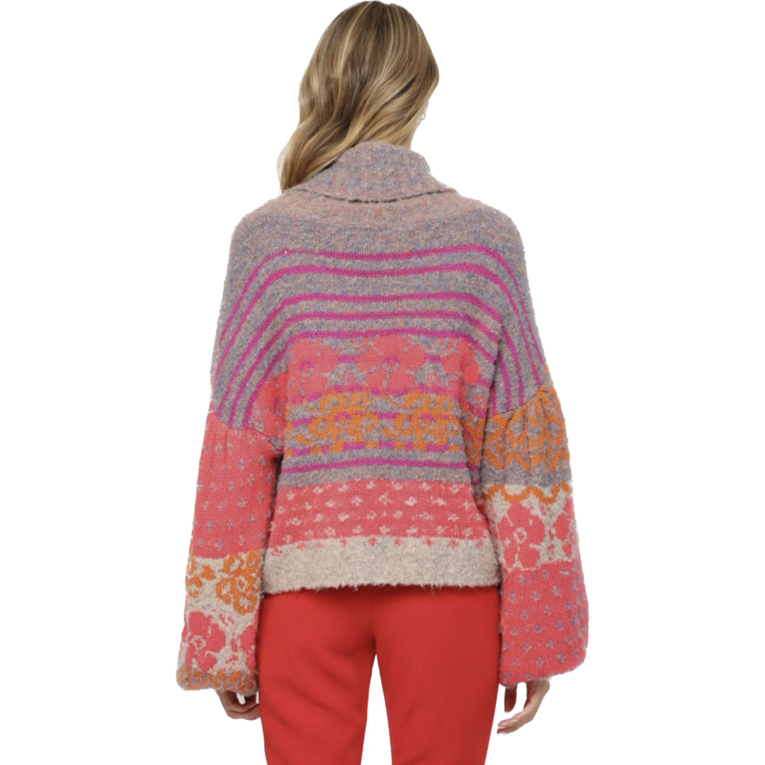Floral Pattern Turtle Neck Fuzzy Sweater