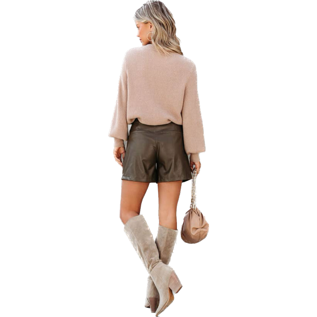 Olive Pleat Detail Leather Shorts
