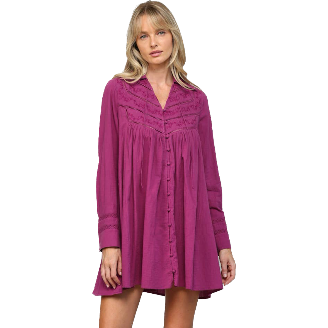Magenta Cotton Button Tunic Dress