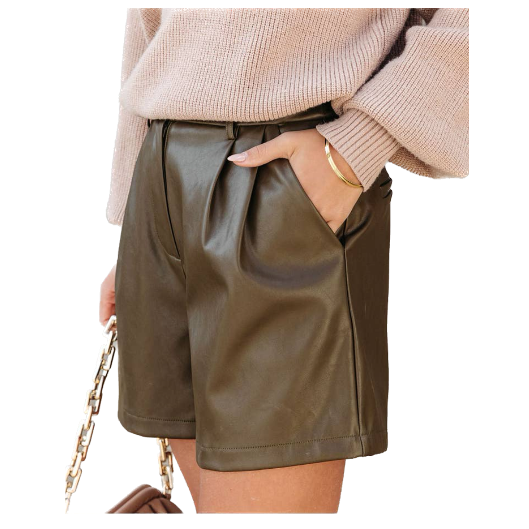 Olive Pleat Detail Leather Shorts