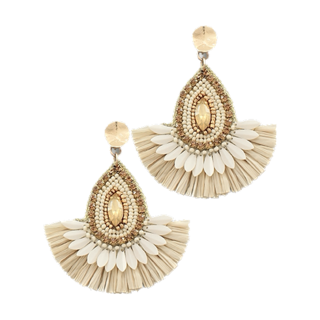 Ivory Beaded Teardrop & Raffia Fan Earrings