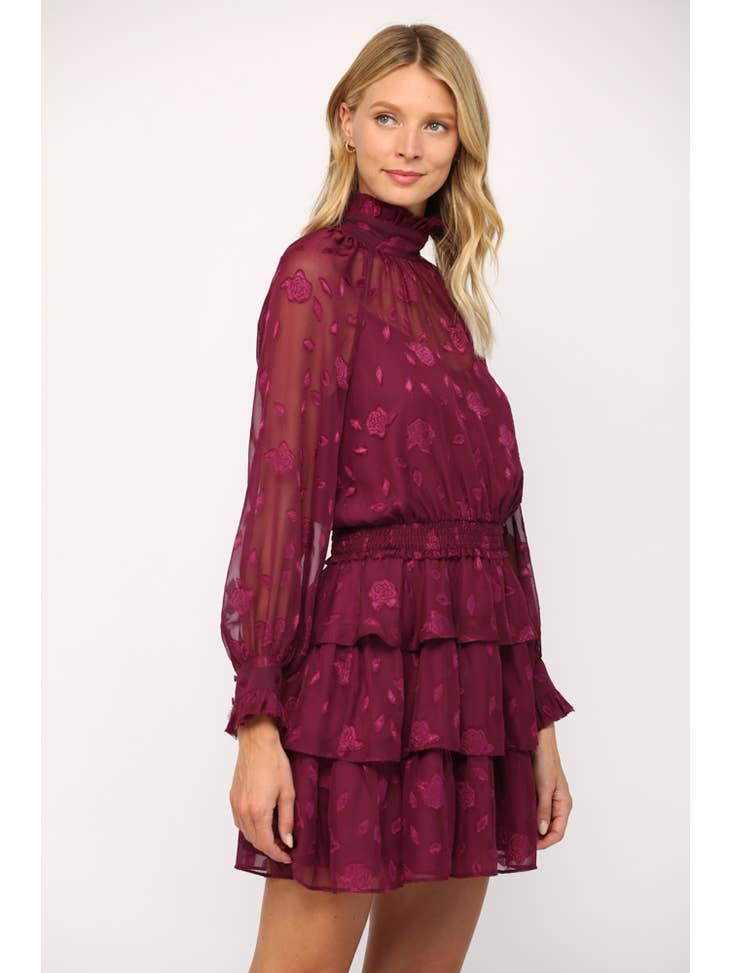 Floral Sheer Chiffon High Neck Ruffle Dress