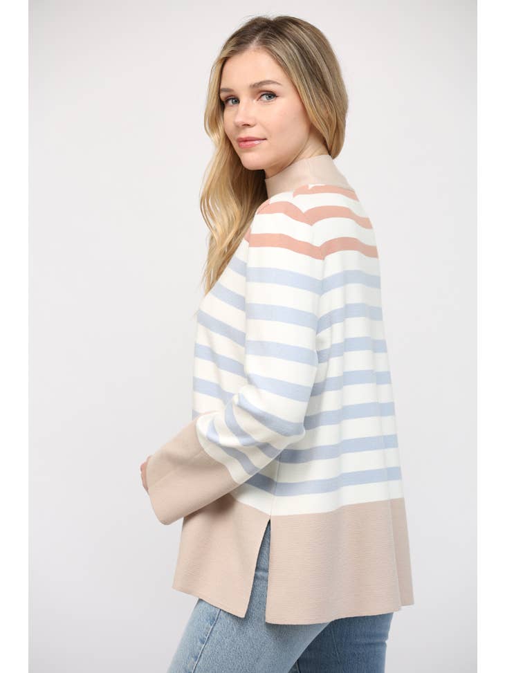 Stripe Mock Neck Bell Slv Tunic Sweater