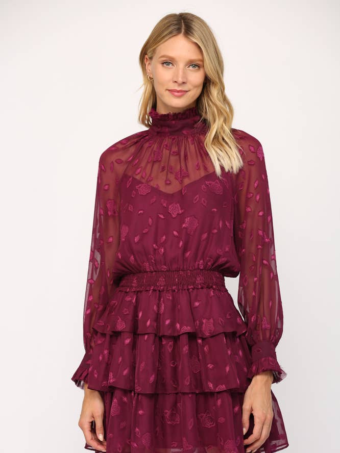 Floral Sheer Chiffon High Neck Ruffle Dress