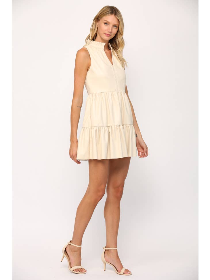 Faux Leather Sleeveless Ruffle Dress