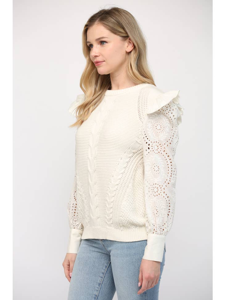 Contrast Eyelet Lace Sleeve Sweater
