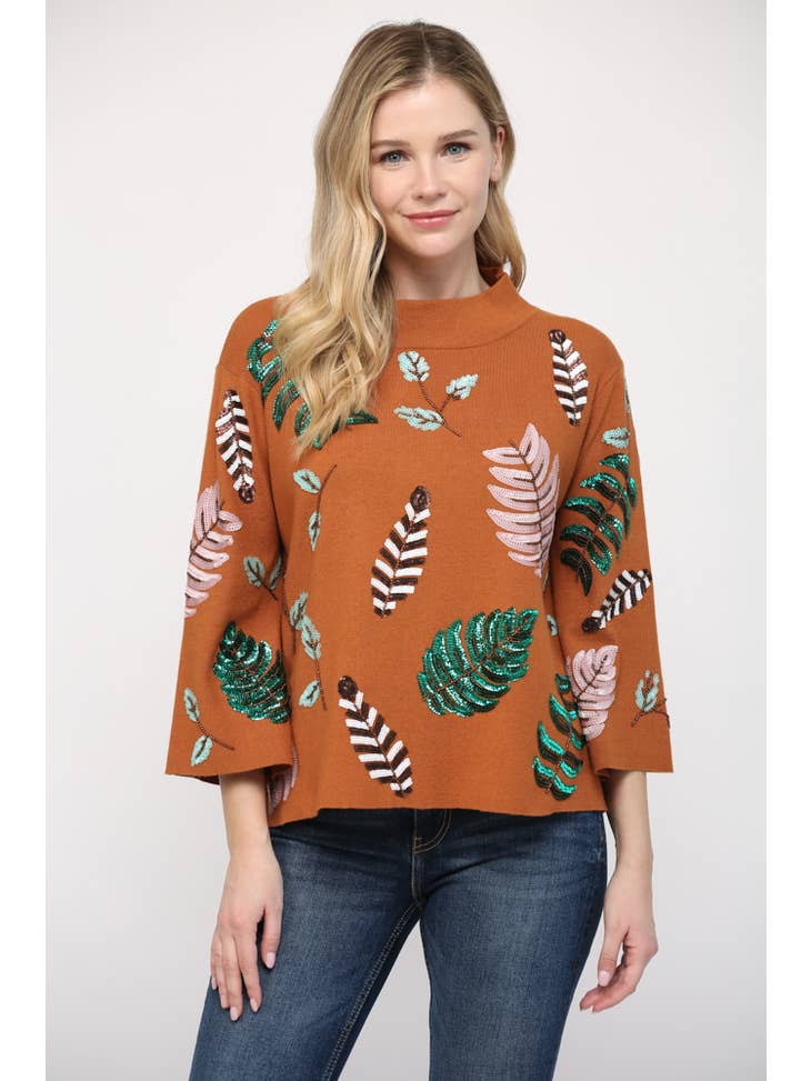 Sequin Embellished Mock Neck Sweater