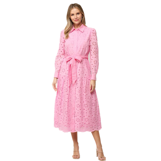 Pink Belted Button Front Lace Midi Dress
