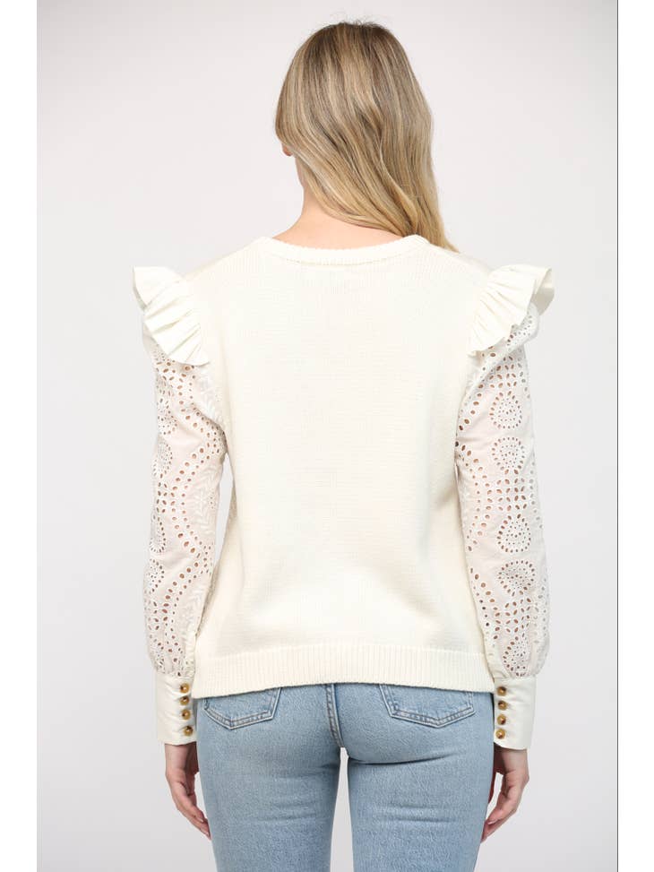 Contrast Eyelet Lace Sleeve Sweater