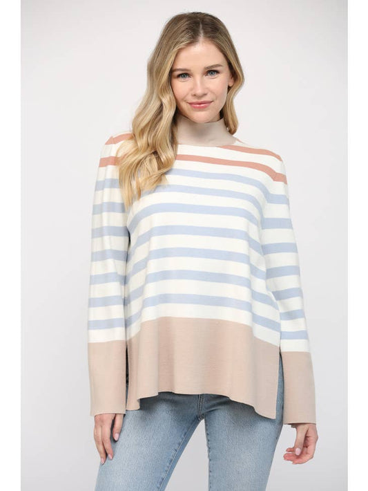 Stripe Mock Neck Bell Slv Tunic Sweater